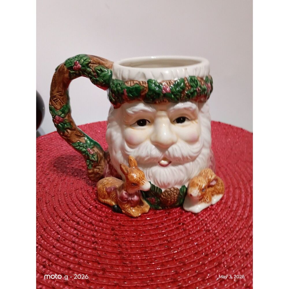 Santa Claus 3D Large Mug with a Deer and Bunny Cider or Hot Chocolate Mug VTG